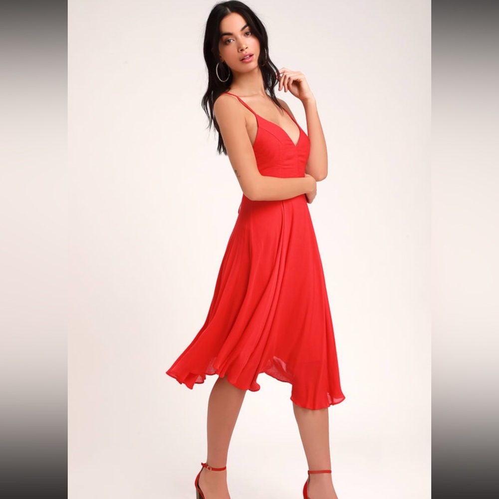 EUC Lulu’s Size Small Troulos Red Lace-Up Midi Dress - Picture 3 of 9